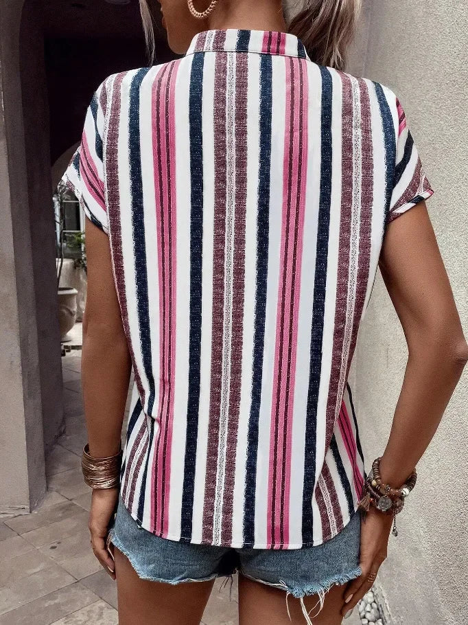 Women's Tops Blouses New Summer Casual Fashion Striped Print V-neck Short Sleeve Shirt Elegant Women Shirts Tops Streetwear
