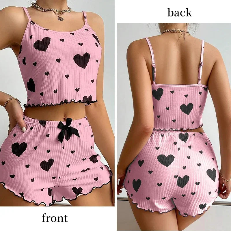 Sexy Women's Pajamas Set Sleepwear 2 PCS Short Tank Tops And Shorts S M L White Ventilate Soft Casual Love Printing