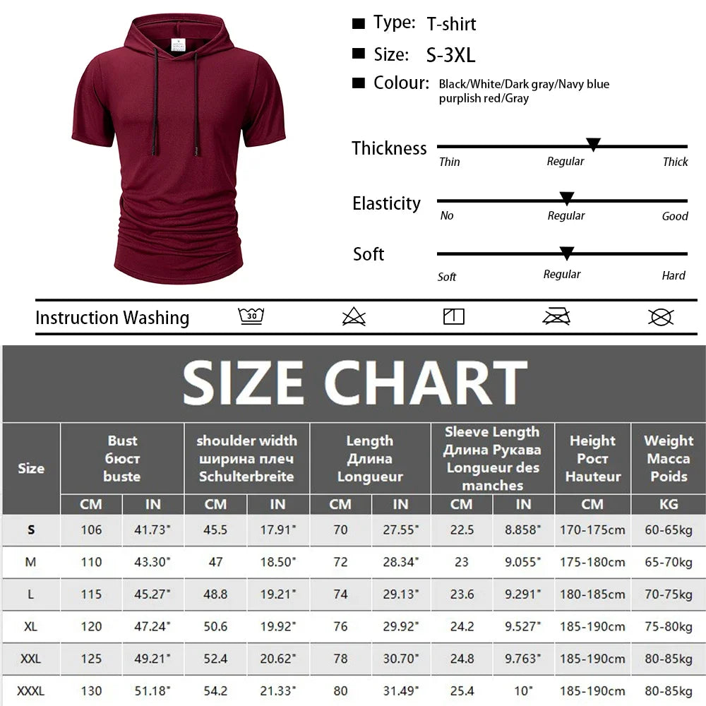 Men's Summer Hoodies T-shirts Short Sleeve Solid Color Loose Hooded Drawstring Pullover Tops Male Casual Sweatwear T-shirt