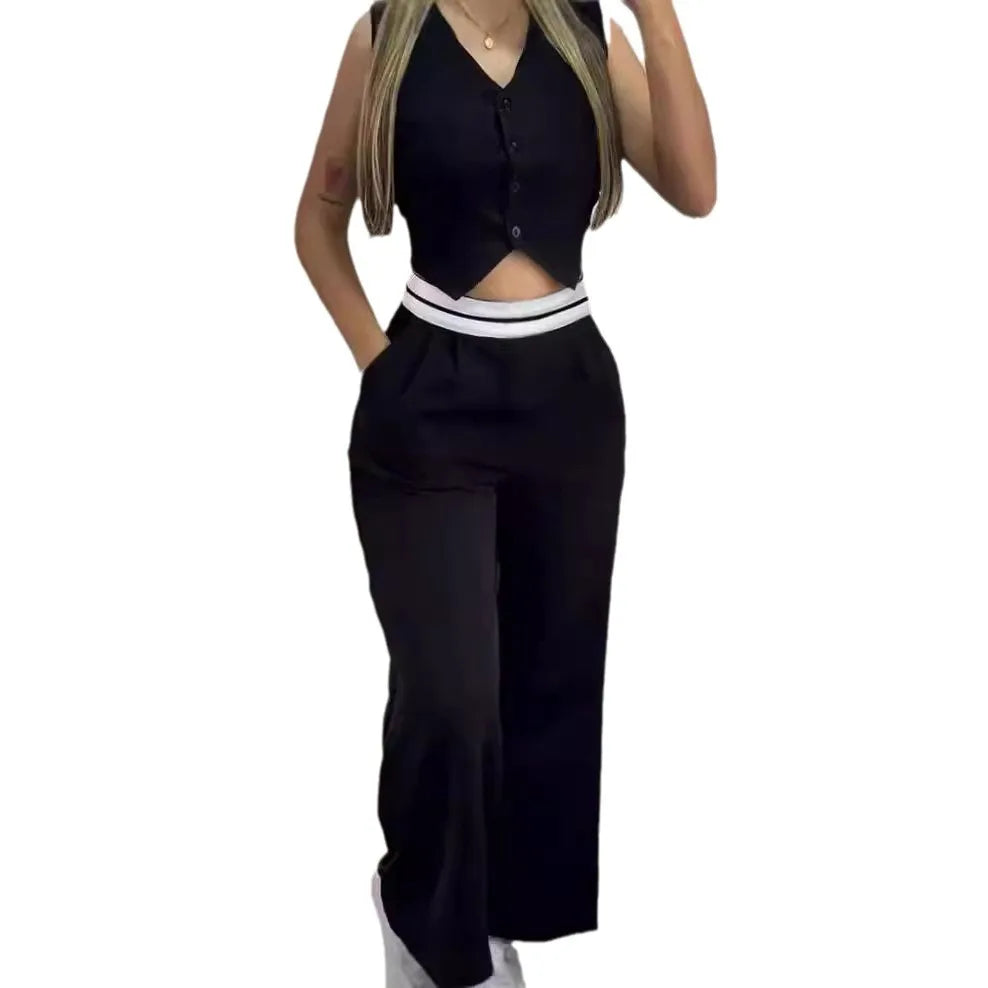 Elegant Two Piece Sets For Women  Summer Buttoned Vest Top & Pocket Decor High Waist Wide Straight Leg Pants Set Streetwear