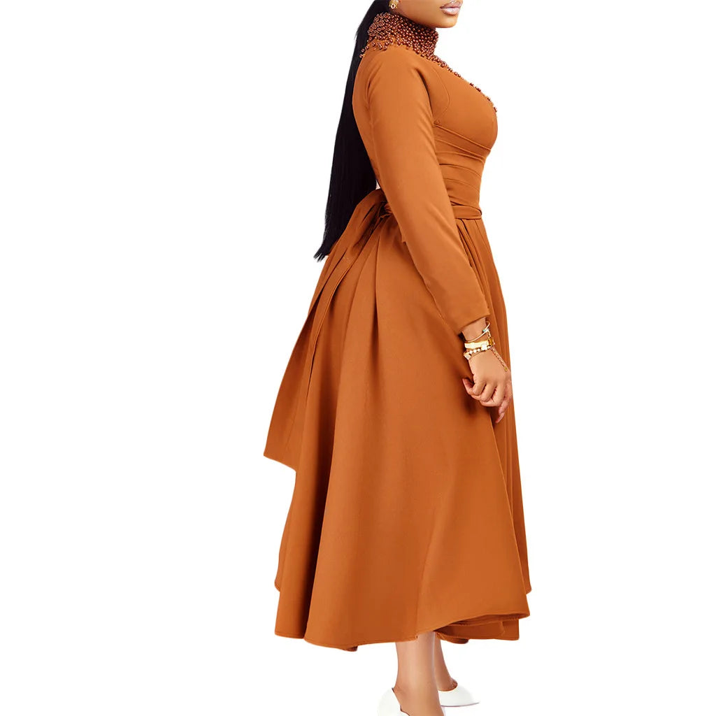 Vestido Elegante Africano para Mujer, Vestidos de Noche con Cuello Alto y Cuentas a la Moda, Vestido Delgado de Temperamento para Mujer, Vestidos Casuales de Manga Larga