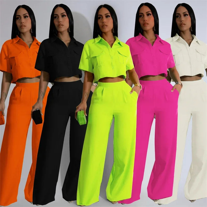 Conjuntos de pantalón elegante sólido de mujer, atuendo de 2 piezas para verano 2024, top de camisa con botones, cuello vuelto y bolsillos, y traje de pantalones de pierna ancha