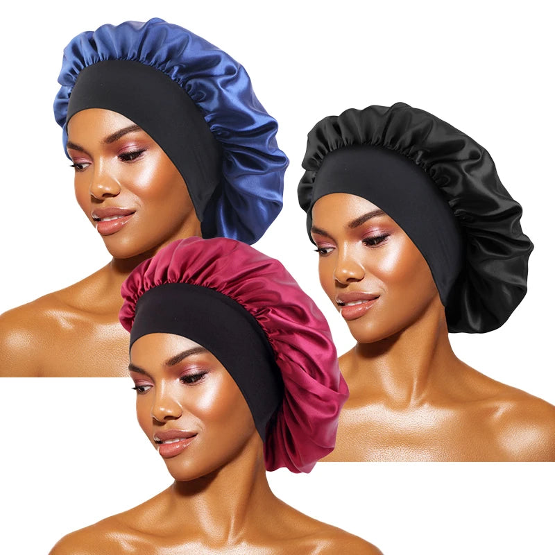 Gorros de satén lisos para mujer, con ala ancha, para dormir, bañarse, gorro unisex, con banda elástica, para el cuidado del cabello