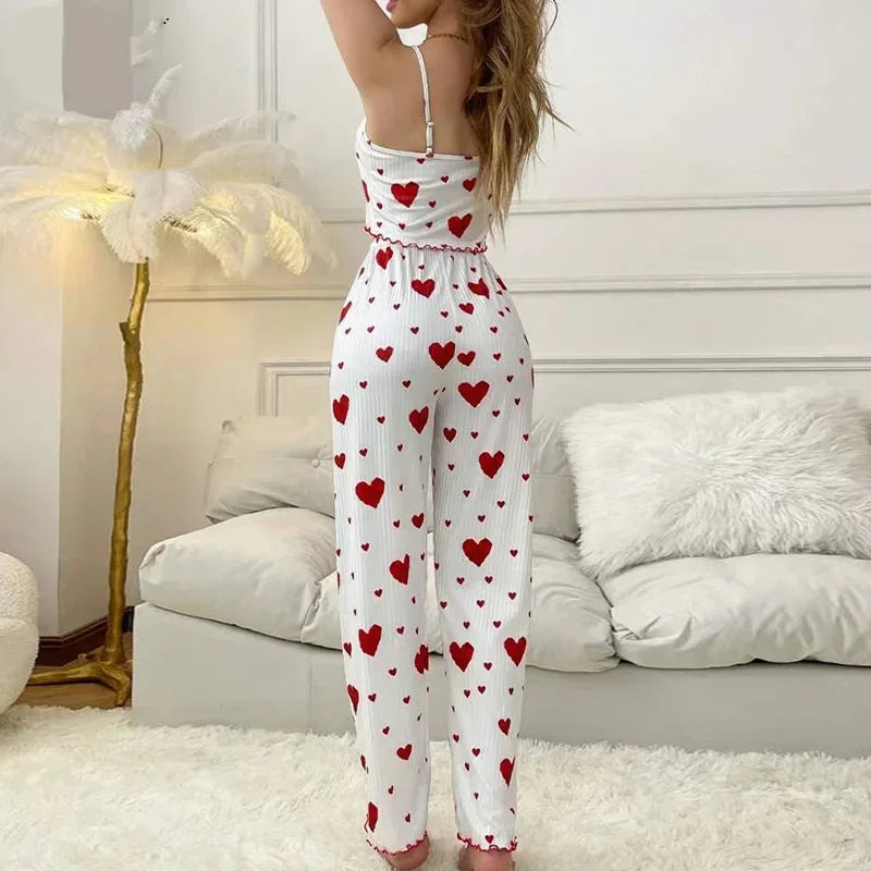 Women Sleepwear Autumn Winter Pajamas Sets Heart Print Sleeveless Cami Vest with Long Pants Trouser Set Sexy Lingerie Pyjamas