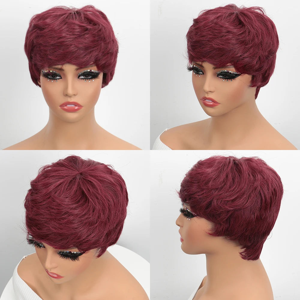 Peluca Pixie Cut Cabello Humano Peluca Corta Bob Pelucas Pixie Cut en Capas Cortas para Mujeres Negras Pelo Humano Remy Brasileño Sin Pegamento Sin Encaje