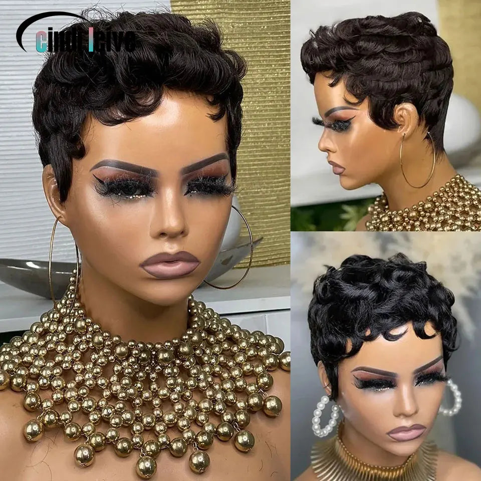 #1B Peluca rizada corta estilo Pixie para mujer, peluca rizada negra natural de cabello humano Remy peruano, peluca Bob hecha a máquina completa, densidad del 150%