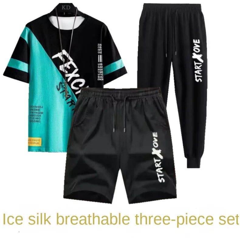 Youth quick-drying sports shorts three-piece set men's summer student suit men's casual thin trendy short sleeve t-shirt