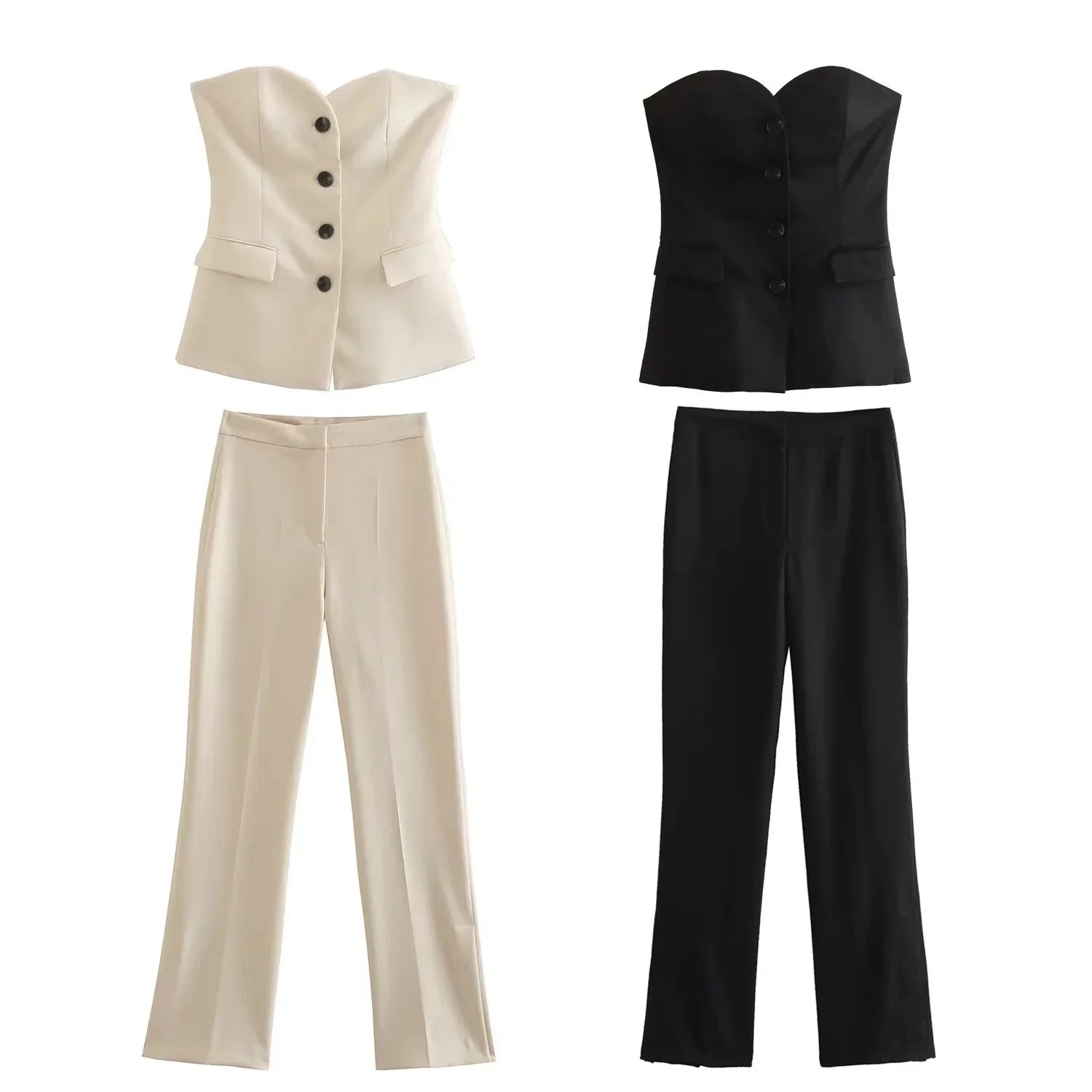 Traje de pantalón elegante sólido para mujer, tops sin tirantes sexy con botones delanteros + conjunto de pantalón con aberturas laterales, moda urbana femenina
