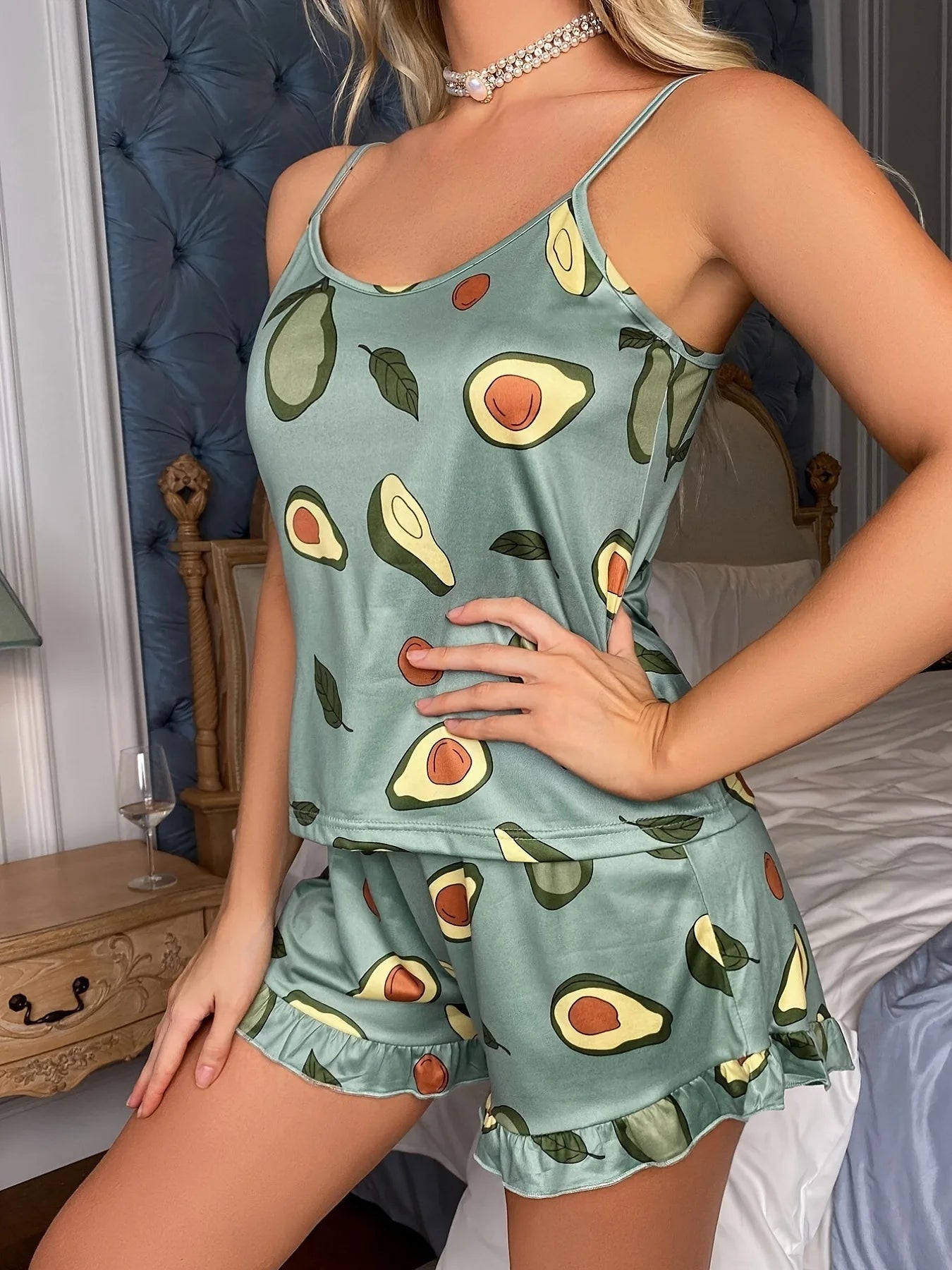 Women's Pajamas Two-piece Set of Sleeveless Tops and Shorts Avocado Pattern Home Wear Casual