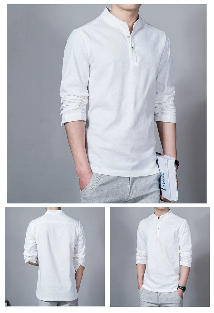 Men's Clothing  Men Spring Tops & Tees Male Fashion T-Shirts Stand Collar Long-sleeved Slim Base Shirt Homme Linen t-shirt